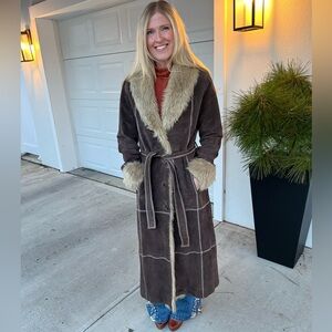 Vintage Real Suede Leather Belted Brown Penny Lane Coat with Faux Fur Details -S